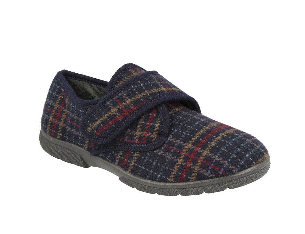 Mens Wide Fit Tartan Navy Slippers