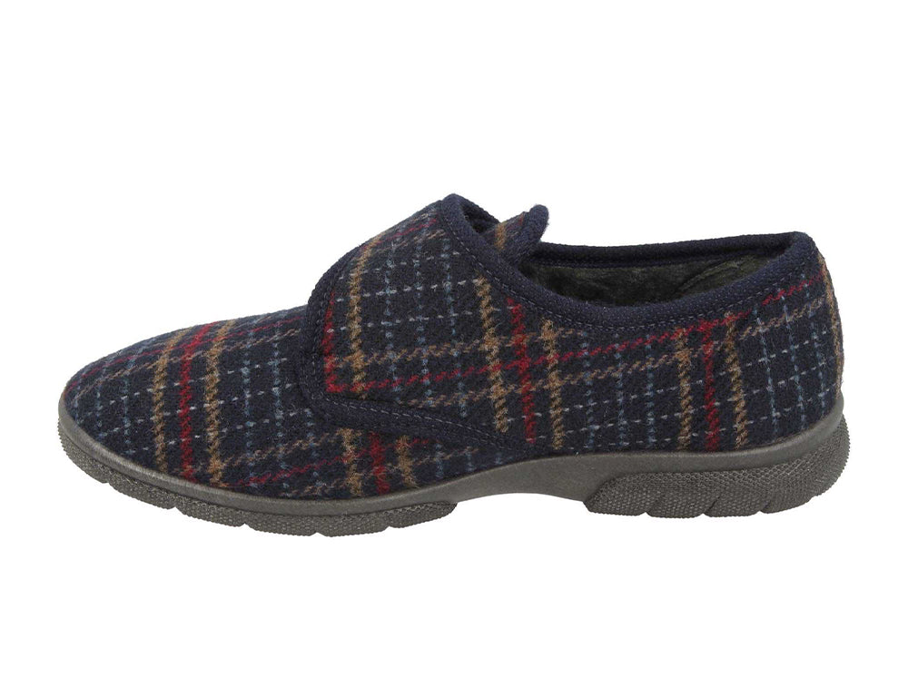Mens Wide Fit Tartan Navy Slippers