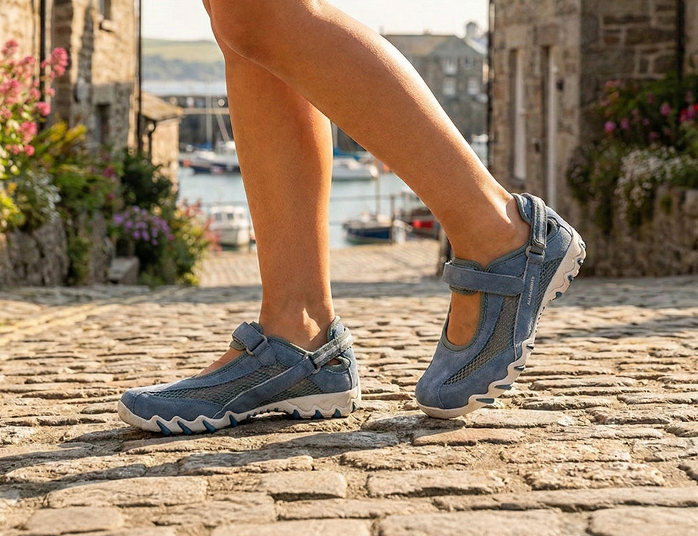Allrounder by Mephisto Womens Breathable Niro Denim Sandals ShoeMed