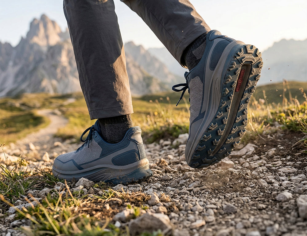 Orthofeet Mens Hands-Free Tilos Trail Grey Blue Hiking Shoes ShoeMed