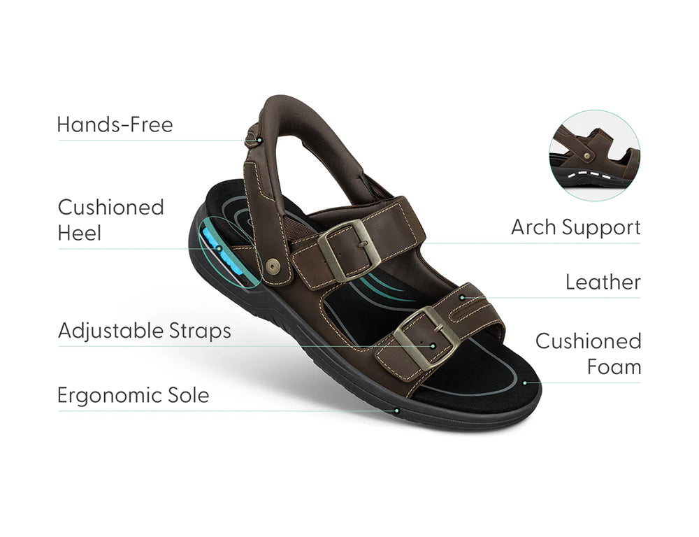 Orthofeet Mens Hands-Free Jupiter Brown Sandals ShoeMed