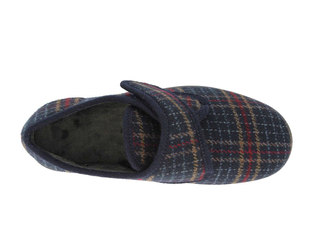 Mens Wide Fit Tartan Navy Slippers