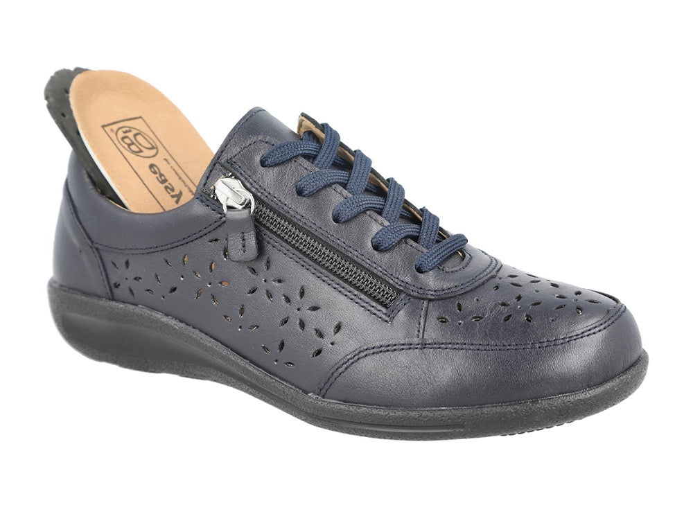 Womens Wide Fit Zip Mickie Navy Leather Trainers